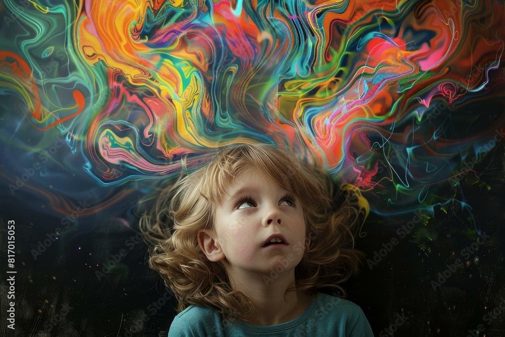 Poster young child with a vibrant and vivid imagination exploring colorful and abstract patterns and textur