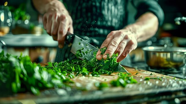 A close-up of a person using a knife to cut green leafy greens on a chopping board