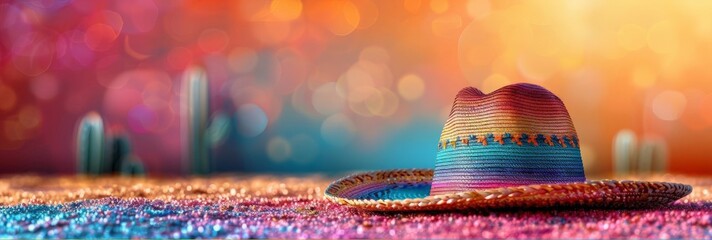 Mexican sombrero hat on a bright colorful background. A festive banner for celebrating a traditional holiday. Cinco de Mayo. Viva Mexico. A horizontal illustration with a place for text. - Powered by Adobe