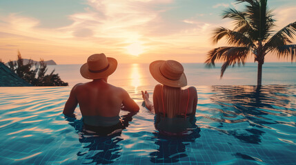 A couple wearing straw hats relaxes in an infinity pool overlooking a stunning ocean sunset with palm trees in the background. The scene exudes tranquility and romance. - Powered by Adobe