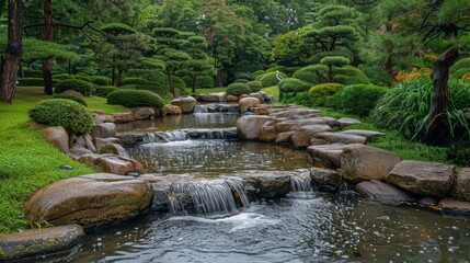 Japanese garden with a waterfall falling in a pond, green trees around