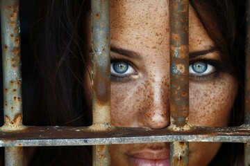 Portrait of a teenage prisoner staring intently into the camera behind the bars of a prison cell.