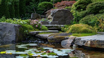 Japanese garden with pond, water lilies on calm water and green trees around