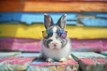 A playful depiction of a bunny wearing stylish sunglasses, set against a vibrant, colorful...
