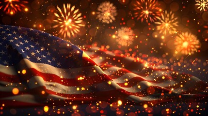 American Flag Backdrop with Explosive Fireworks Display in the Sky