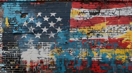 Vibrant Graffiti-Style American Flag Artwork on Textured Brick Wall