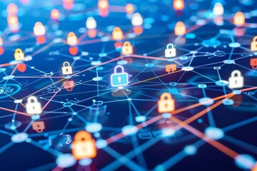Detailed visualization of a secure network featuring interconnected data lines and nodes with a prominently locked gateway, symbolizing the complexity of digital privacy and cybersecurity.