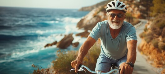 An elderly man riding a bike along a coastal road, representing a healthy lifestyle concept, copy...