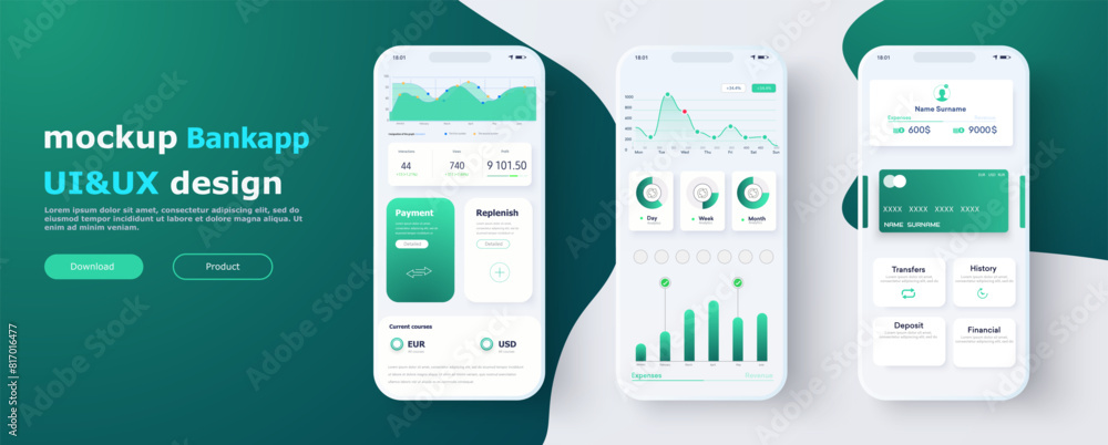 Poster Mobile Banking and Financial Management UI Design Mockup with Analytics and Transaction History. Interface features analytics, transaction history, payment options, and account balance details. Vector