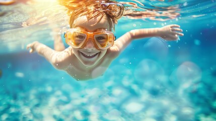 Naklejka premium Cute smiling child having fun swimming and diving in the pool at the resort on summer vacation. Sun shines under water and sparkling water reflection. Activities and sports to happy kid