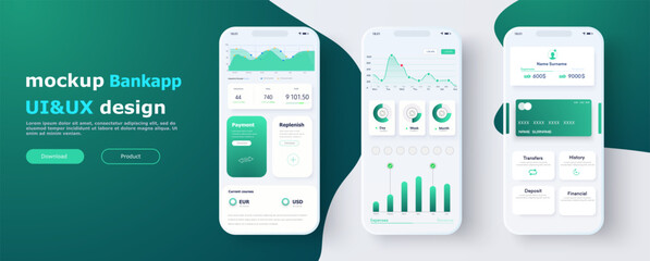 Mobile Banking and Financial Management UI Design Mockup with Analytics and Transaction History. Interface features analytics, transaction history, payment options, and account balance details. Vector