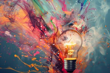 A vibrant light bulb with dynamic paint splashes representing creativity and inspiration