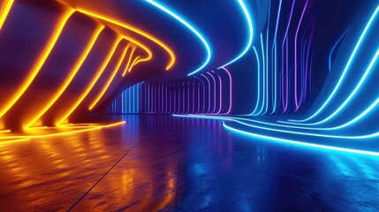 Futuristic corridor with flowing lines neon-lit blue purple orange passage and dark concrete floor. 3D illustration abstract background