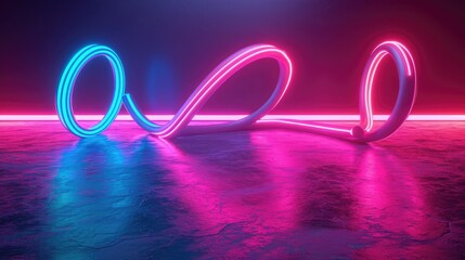 Abstract ethereal glow of intertwined neon streaks with a pink and blue light three-dimensional backdrop on glossy floor background