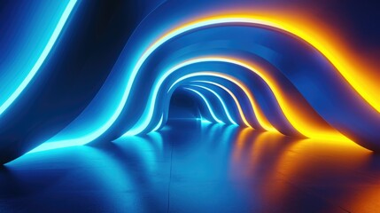 3D futuristic neon tunnel with neon flowing lines and vibrant blue and orange lighting on a dark concrete floor. 3D desktop background