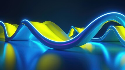 Neon waves in motion abstract in vibrant blue and yellow hues against a dark backdrop. 3D desktop background