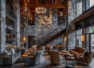 Beautiful interior of luxury modern country club lounge with stone walls, wood and crystal accents,...