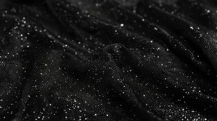 Black glitter background, high resolution, top view angle, high detail, hyperrealism, photo taken from the front of very dense black fine grain wool fabric with lots of small white sparkles