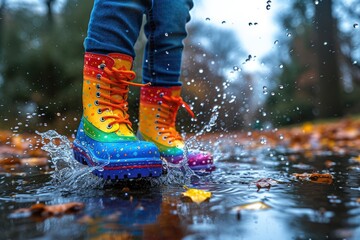 Close-up of kid feet wearing rainbow color rain boots and walking during sleet, rain on cold day. Child in colorful fashion casual clothes jumping in a puddle. Having fun outdoors. Healthy lifestyle