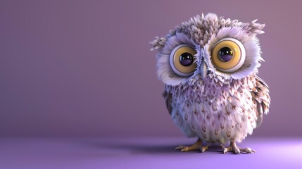A cute and fluffy owl with big eyes is sitting on a branch. The owl is looking at the camera with a curious expression.