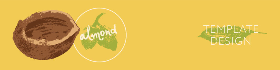 Vector almond banner template. Hand drawn almonds drawing, almond nuts illustration. Marzipan paste or almond butter badges. Floral sketch with charcoal textures. Almond emblem for organic food label.