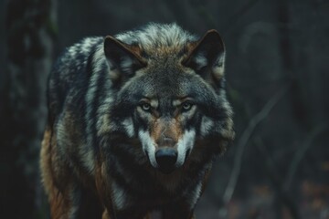 Captivating closeup of a wolf with piercing eyes set against a dark, moody forest backdrop