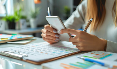 Young professional female event planner reviewing timetable, agenda on smartphone while taking notes on calendar for upcoming organized schedule, office workspace