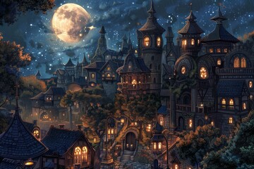 Obraz premium Illustration of an enchanted, mystical, and magical fantasy castle under a full moon in a night scene, set in a dark forest with gothic, medieval towers and spires