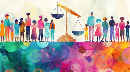 An illustration of people from different demographics standing on equal platforms, balancing scales in the background, bright and bold, equity and representation