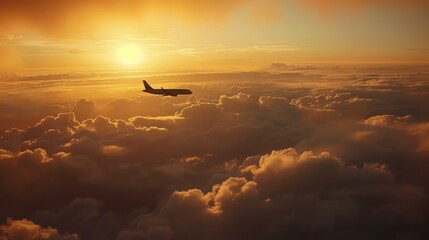 A commercial passenger jet flies high above the clouds at sunset. The warm colors of the sky and clouds create a beautiful and peaceful scene. - Powered by Adobe