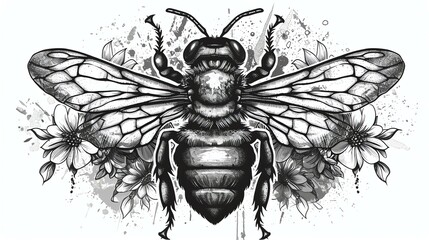 A detailed black and white drawing of a bee with spread wings. The bee is surrounded by a variety of flowers and foliage.