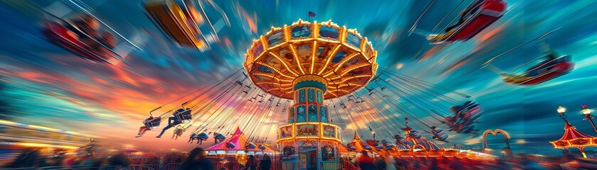 A couple sharing an exciting moment on a thrilling amusement park ride, vibrant, digital art, cheerful and exhilarating