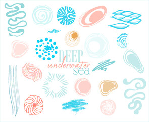 A set of cute cartoon flat elements in orange and blue colors on the theme "Deep Underwater Sea". Abstract digital clipart (shells, algae, corals) on a transparent background with text.