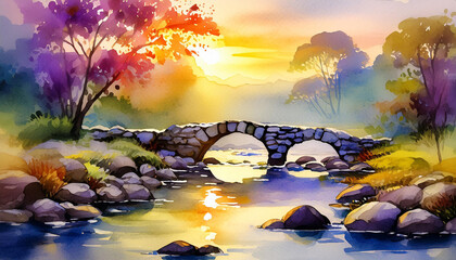 Watercolor painting of natural scenery with sunrise over stone bridge creek. Beautiful landscape.