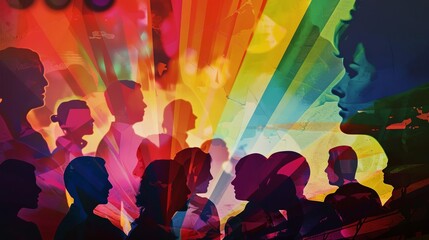 Craft a digital collage of silhouetted figures engrossed in a LGBTQ-themed film screening