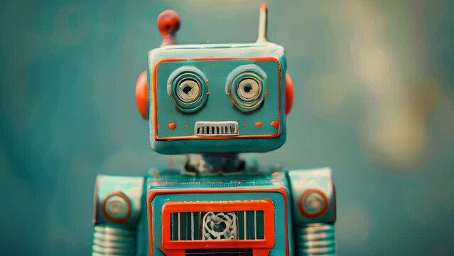 Vintage toy robot with large eyes on blurred background