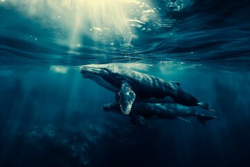 Fototapeta premium A humpback whale with it baby close to it. Oceanic environment