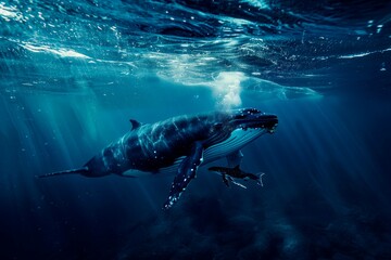 Fototapeta premium Humpback with other oceanic life besides it. Oceanic environment