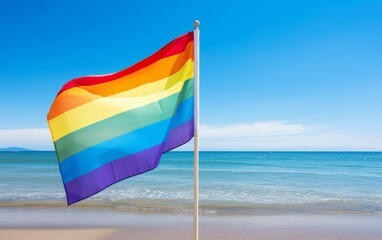 The photo shows a rainbow flag waving on a beach