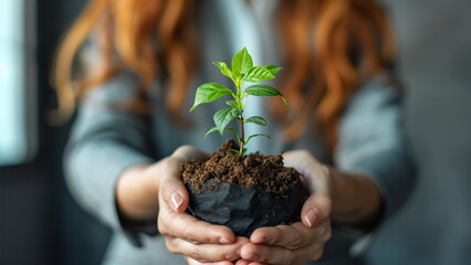 Arbor day concept, woman holding plant shoots in her hands.