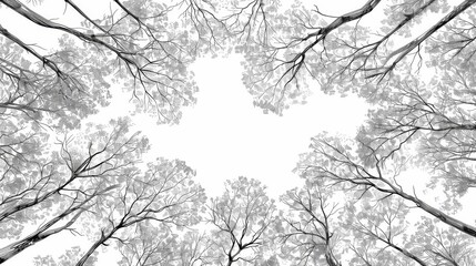 Obraz premium Illustrate a mesmerizing high-angle view of a lush forest canopy in delicate line work, highlighting the towering trees, dancing foliage, and hidden wildlife below