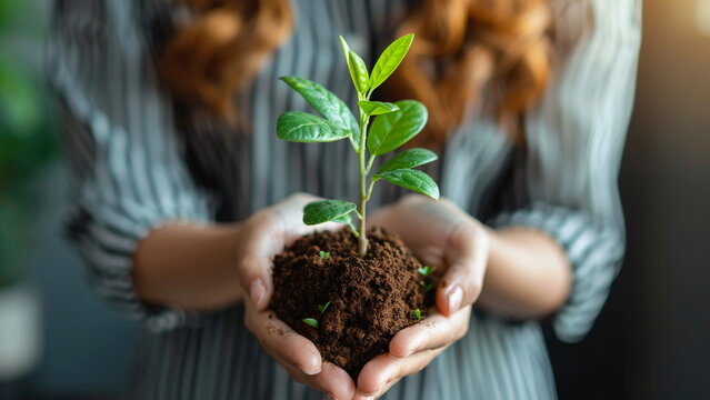 Arbor day concept, woman holding plant shoots in her hands.