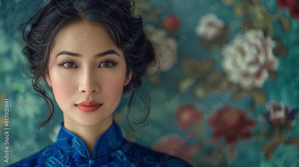 Wall mural documentary photography style of an asian woman dressed in classic blue attire