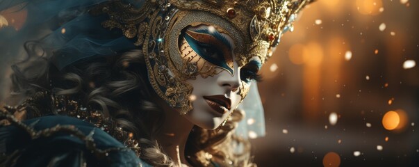 Carnival mask with blue and gold decorations on a dark background.