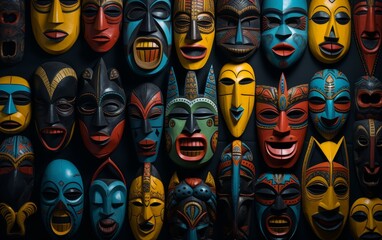A variety of colorful African masks with intricate designs and patterns.