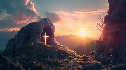 Easter Religious concept: Empty tomb, jesus, Cross and Mountain