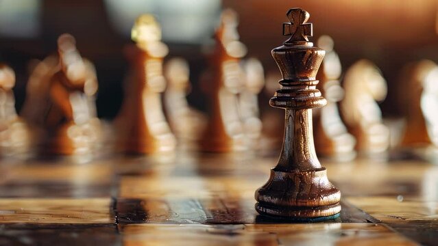 Close-up of focused king chess piece on wooden board with blurred pieces in background
