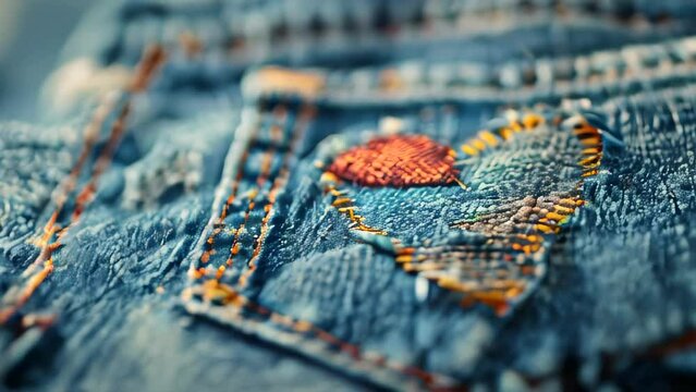 Close-up of denim fabric with heart-shaped patch stitched on