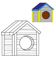 cartoon scene with isolated wooden traditional dog house sketch coloring page drawing kennel for backyard isolated background illustration for children