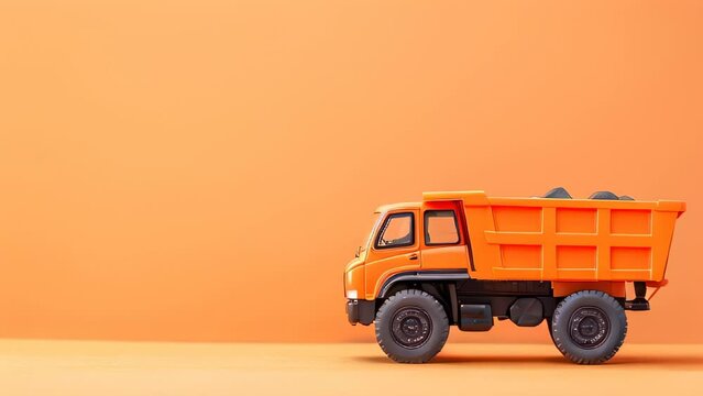 Orange toy dump truck against plain background